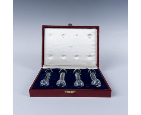 A set of 4 clear facetted crystal tableware in a barbell shape. This item has its original box: 9"L x 6.5"W x 1.75"H. Issued: