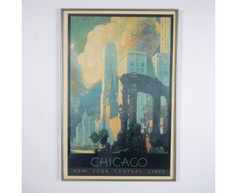 A color lithograph on paper of Leslie Ragans first poster in 1929 to promote travel on the New York Central Line railroad and