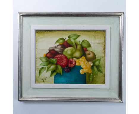 Original oil and plaster on canvas by French Contemporary artist Philippe Auge who paints a colorful Still-Life in a Pre-Rena