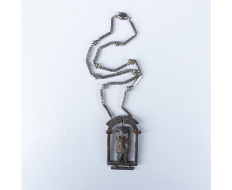Mesoamerican pre-Columbian design with Jadeite Mezcala beads and central figure, united by sterling silver frames and long se