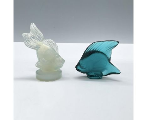 This beautiful duo includes a blue crystal Lalique fish and a Sabino white opalescent glass figurine. Lalique backstamp. Sabi