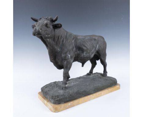 Large unpatinated bronze sculpture featuring a massive Bull by French animalier sculptor Thomas Francois Cartier who particip