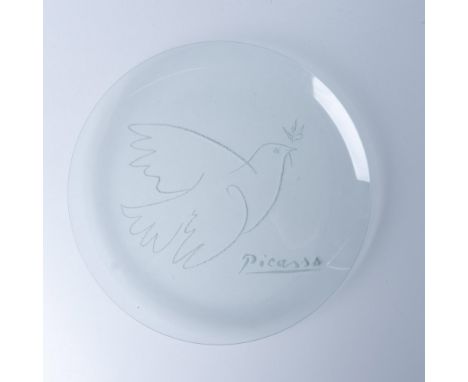 Beautiful clear crystal round centerpiece with a delicate etched design of a the Picasso Peace Dove. Issued: c. 1995Dimension