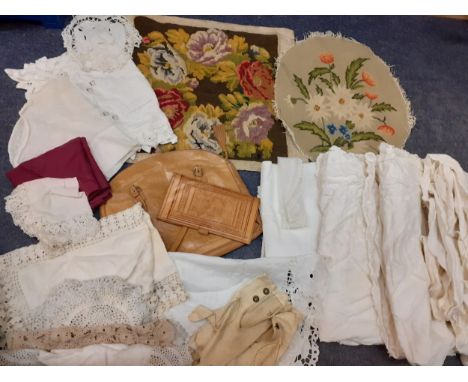 Vintage crotchet and cotton table mats, doilies, cushion covers A/F, early 20th Century cotton bloomers together with two 20t