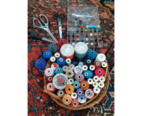 A collection of vintage cotton reels to include Ermen &amp; Roley and Sylko together with spools, scissors and 2 thimbles and