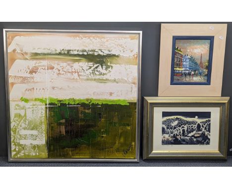 A group of three pictures to include an oil on canvas signed bottom right, Malerier - oil on board of a Parisian scene, and a