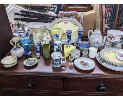 A selection of ceramics to include a Wilkinson meat charger and two plates, a Doulton Lambeth faience vase A/F, Japanese Blan