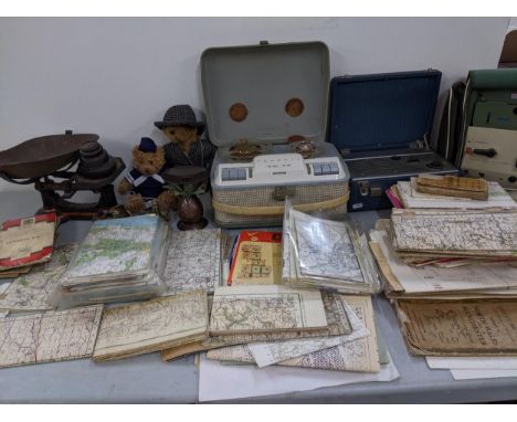A mixed lot to include a set of Victorian weighing scales, Ordnance Survey maps, Grundig reel-to-reel player, stuffed bears a