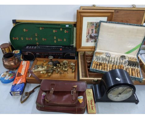 A mixed lot to include bagatelle boards, Saisho cassette/radio player, brass ornaments, mantel clock and other itemsLocation: