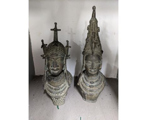 A pair of 20th century Benin bronze style busts of a King and Queen Location: 