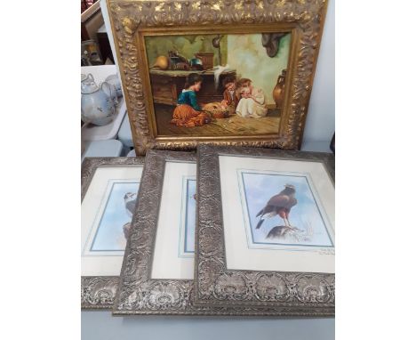 Three Mark Chester prints of Birds of Prey together with a reproduction print of three children petting chicksLocation: A3M 