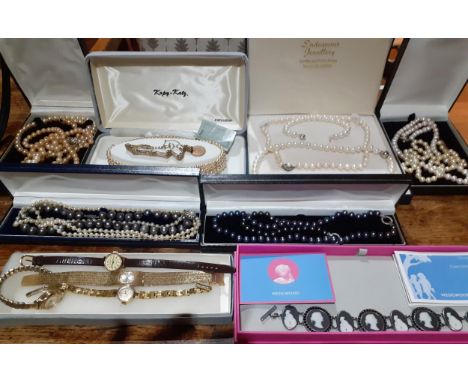 A quantity of late 20th Century to modern day faux pearls, some with silver clasps, together with a Wedgwood 7 cameo motif di