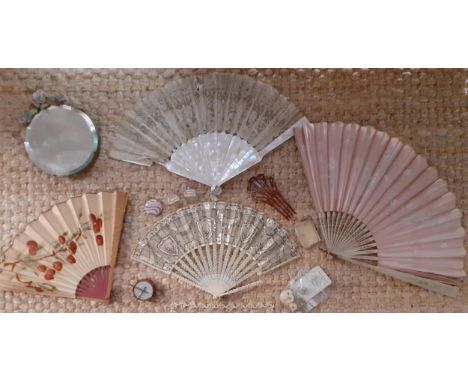 Two late 19th Century fans, one with pearlised wands and Flemish lace A/F and the other having painted and carved treen wands