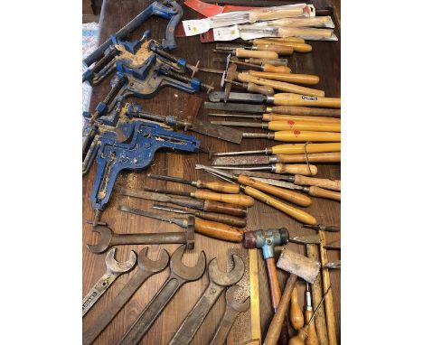 Vintage Tools: A Large collection of tools to include Chisels, Mallets, clamps etc 