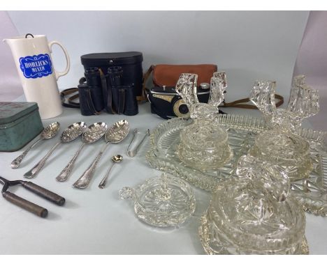 Good collection of vintage / antique items to include glass dressing table set, a hallmarked pair of silver sugar tongs, a se