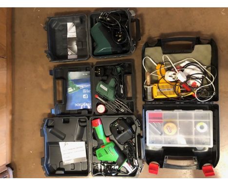 Collection of boxed Power tools to include a BOSCH Router, Soldering kit, Drill sharpener etc 