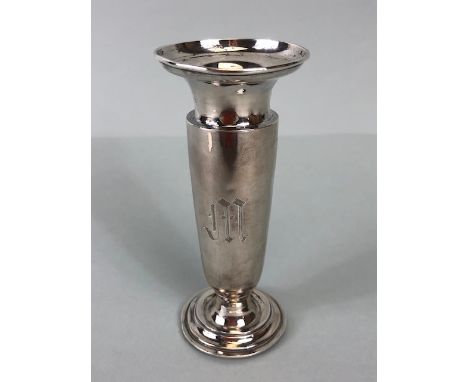 Silver weighted posy or stem vase on circular stepped base engraved with the letter M approx 11cm tall