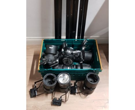 BOX OF STAGE LIGHT FITTINGS AND ATTACHMENTS