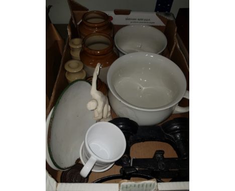 A BOX OF ASSORTED WARE INC STONEWARE VINTAGE MANUAL SCALES ETC