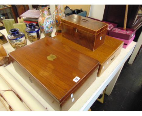 A Mahogany tea caddy and two empty canteen boxes