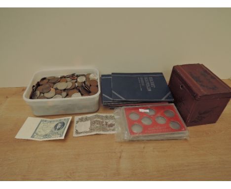 A collection of GB Copper, Brass and Copper-Nickel Coins along with empty Coin folders, oriental style Tea Caddy and a Farmer