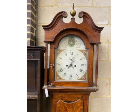 An early 19th century oak 8 day longcase clock, fusee movement, dial marked Crossland, height 236cm