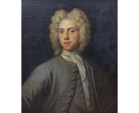English School c.1700, oil on canvas laid on board, Portrait of a young man wearing a grey coat, 66 x 57cm