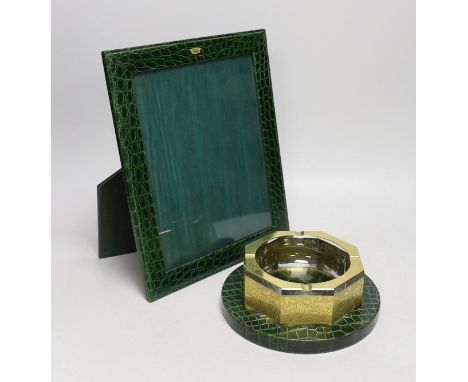 An Asprey green faux crocodile hide desk set, comprising photograph frame, 32 cm high and Moser glass ashtray
