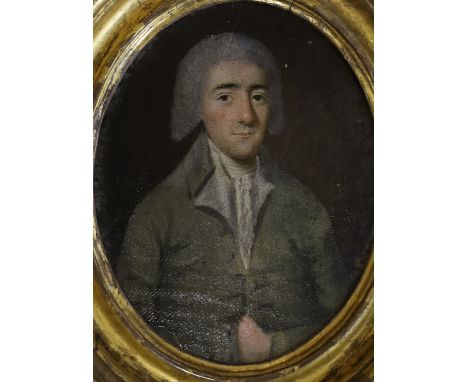 English School, late 18th century, oval oil on board, Portrait of John Parsons, 14 x 11cm