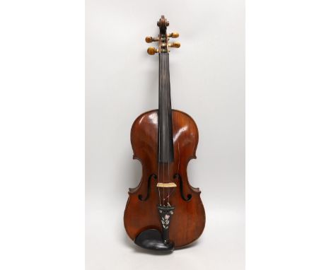 A French single back violin, interior label reads ‘Médio Fino’, back measures 35.5cm excl button. With case and bow