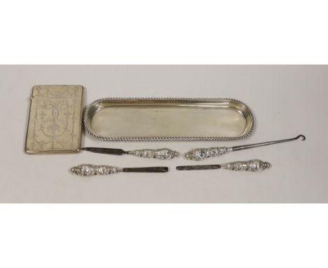 A George V engraved silver card case, by Crisford &amp; Norris, a silver pen tray and four manicure tools.