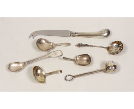 Three silver caddy spoons, including two 19th century, a silver infuser, a sifter spoon, a cheese knife and a plated condimen