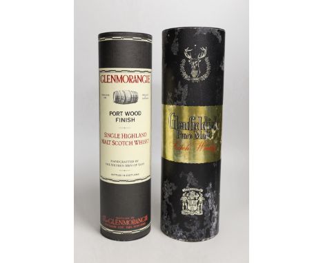 A cased 70cl bottle of Glenmorangie Port Wood Finish Single Malt Scotch Whisky, together with a 94.5cl bottle of Glenfiddich 