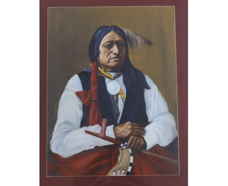 L. Burrows, oil on board, ‘Spotted Tail’ portrait of a Native American gent. Signed and dated 1986, 38x29cm