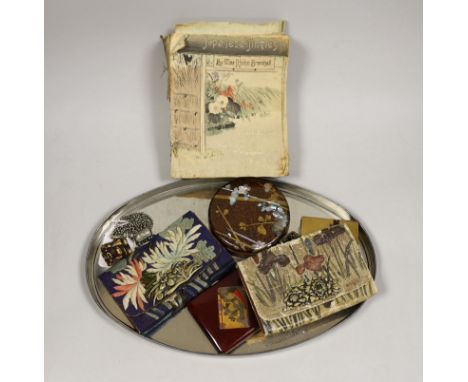 Two crepe paper Japanese illustrated books, a Japanese enamel compact two lacquer boxes and covers and two Japanese tobacco p