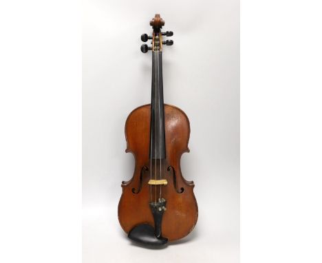 A cased French double backed violin, interior label reads ‘Copie de J.B. Vuillaume à Paris.’ Back measures 36cm excluding but