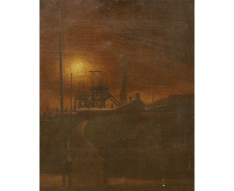 Modern British, oil on canvas, Colliery at sunset, a sketch of girders verso, 60 x 50cm, unframed, smoke damaged