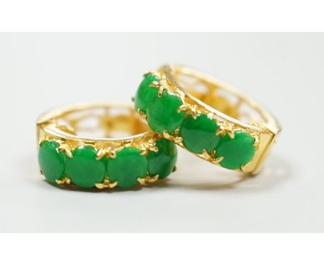 A modern pair of yellow metal, stamped 850, and four stone cabochon jade set hoop earrings, 14mm, gross weight 3.6 grams.