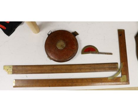 Two Aston &amp; Mander rulers, a Chesterman tape measure and a protractor