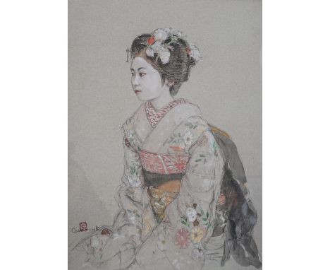 A Japanese watercolour and pencil sketch of a Geisha, signedand sealed, 42cms high x 31cms wide
