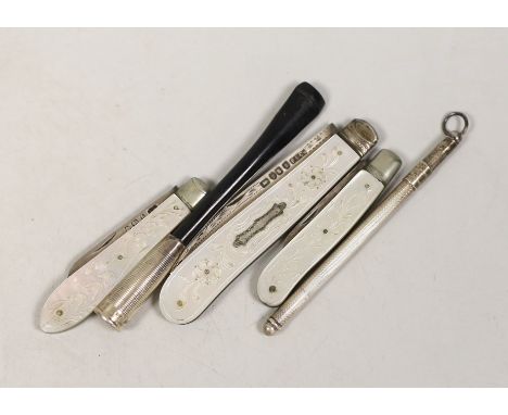 Three assorted mother of pearl mounted silver fruit knives, largest 82mm, a cigarette holder and a swizzle stick.