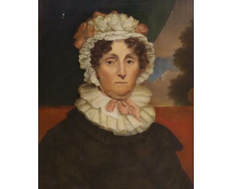 English School c.1850, oil on canvas, Portrait of a lady wearing a bonnet, 59 x 49cm, ornate gilt scroll frame