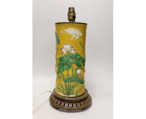 A Chinese polychrome glazed sleeve vase, of Wang Bing Rong type, on stand converted into a lamp. 40cm overall