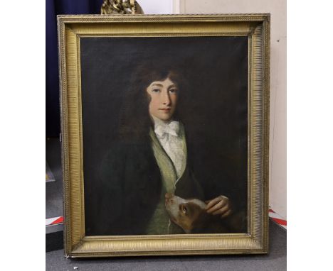 Early 19th century English School, oil on canvas, Portrait of a young man, half length, with a hound, 75 x 63cm