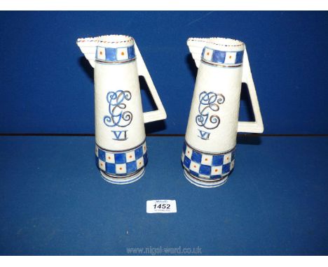 A pair of Crown Ducal George VI coronation souvenir jugs Art Deco style handles, 7½" tall each.
