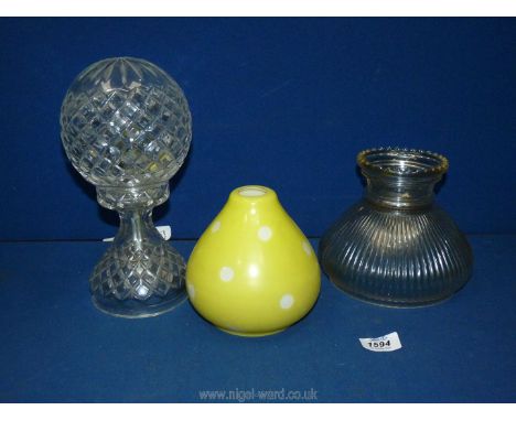 A glass lamp shade (6" tall), a yellow dot lamp shade (6" tall), plus a cut glass table lamp (10 1/2" tall).