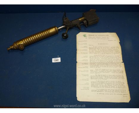 A most uncommon large iron and brass Blow lamp type heated soldering iron with heavy copper tip and ridged fuel reservoir and
