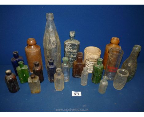 A quantity of old bottles, some medicinal including Johnsons G10 - Coat, Horlicks mixer, Shippams, Springwell, Franklin &amp;