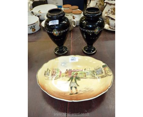 A Royal Doulton Dickens series ware bowl together with a pair of black glass Victorian hand painted vases.