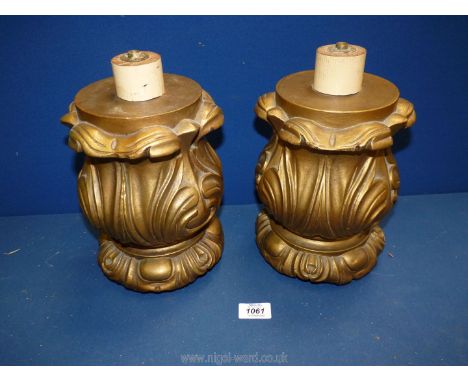 Two carved gilt wooden lamp bases, 11" tall.